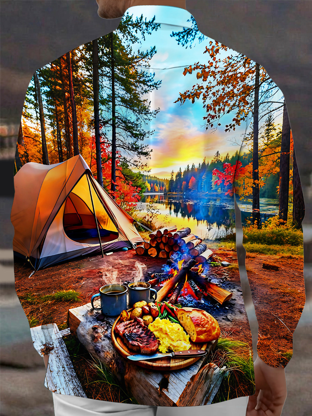Oceanlyte Men's Printed Autumn Forest Camping Scene Print Long Sleeve Shirt with Chest Pocket