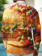 Oceanlyte Men's Colorful Parrot And Garden Fountain Print Long Sleeve Shirt with Chest Pocket