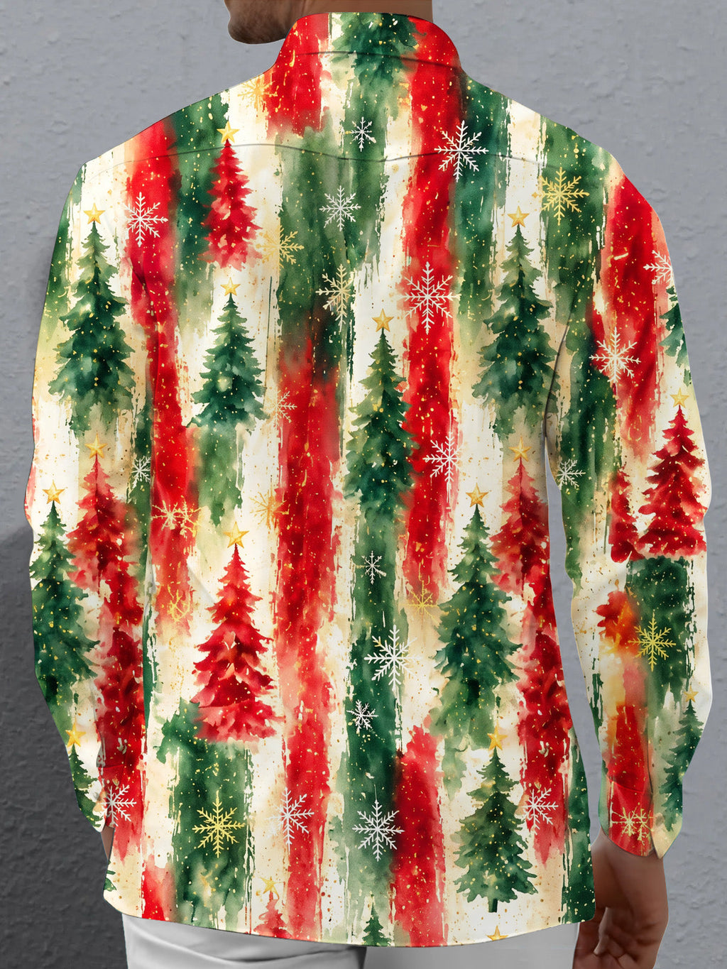 Oceanlyte Men's Long Sleeve Shirt - Watercolor Christmas Trees And Snowflakes Print with Chest Pocket
