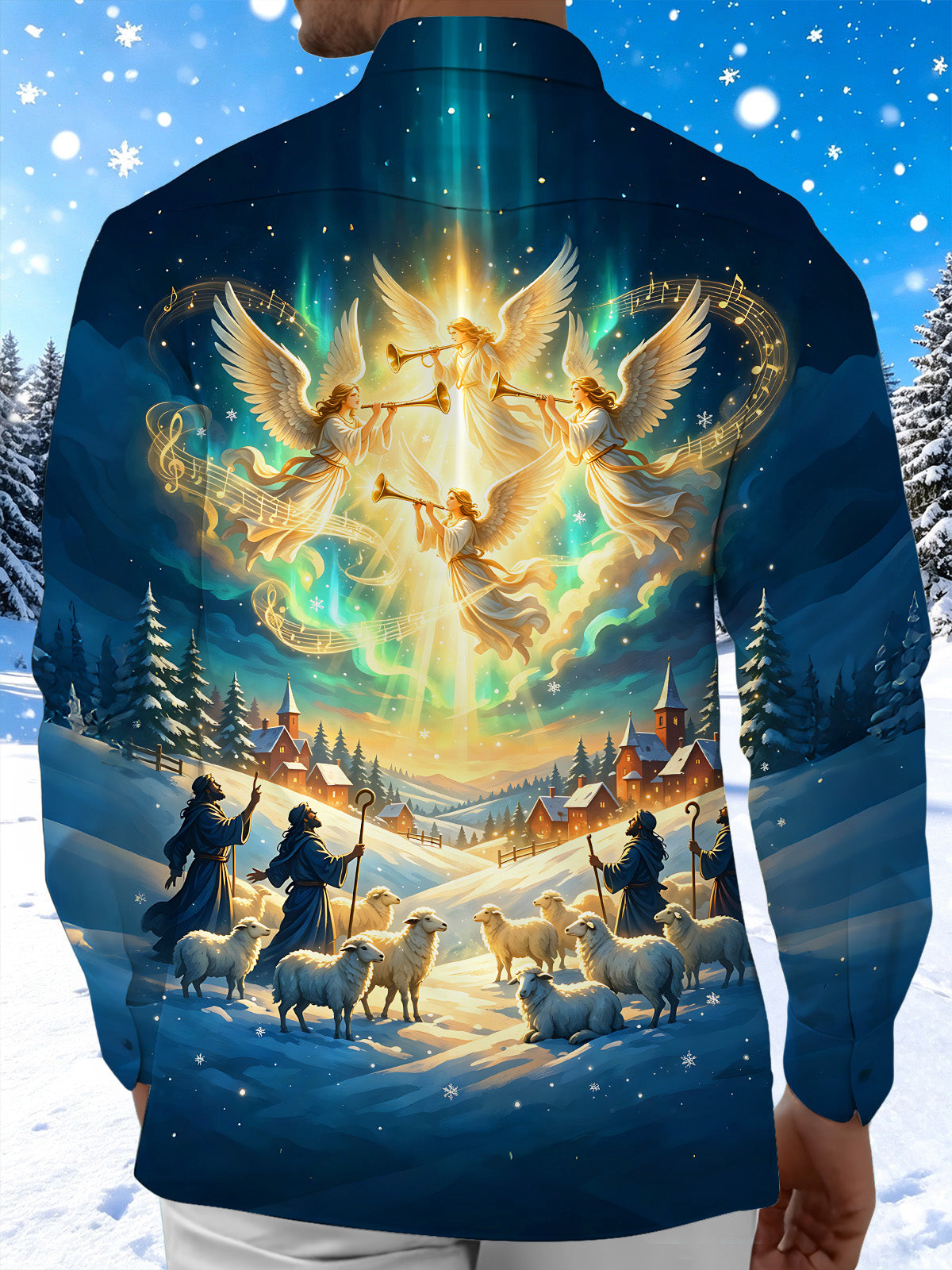 Oceanlyte Men's Long Sleeve Shirt - Christmas Angels And Shepherds With Sheep Print with Chest Pocket