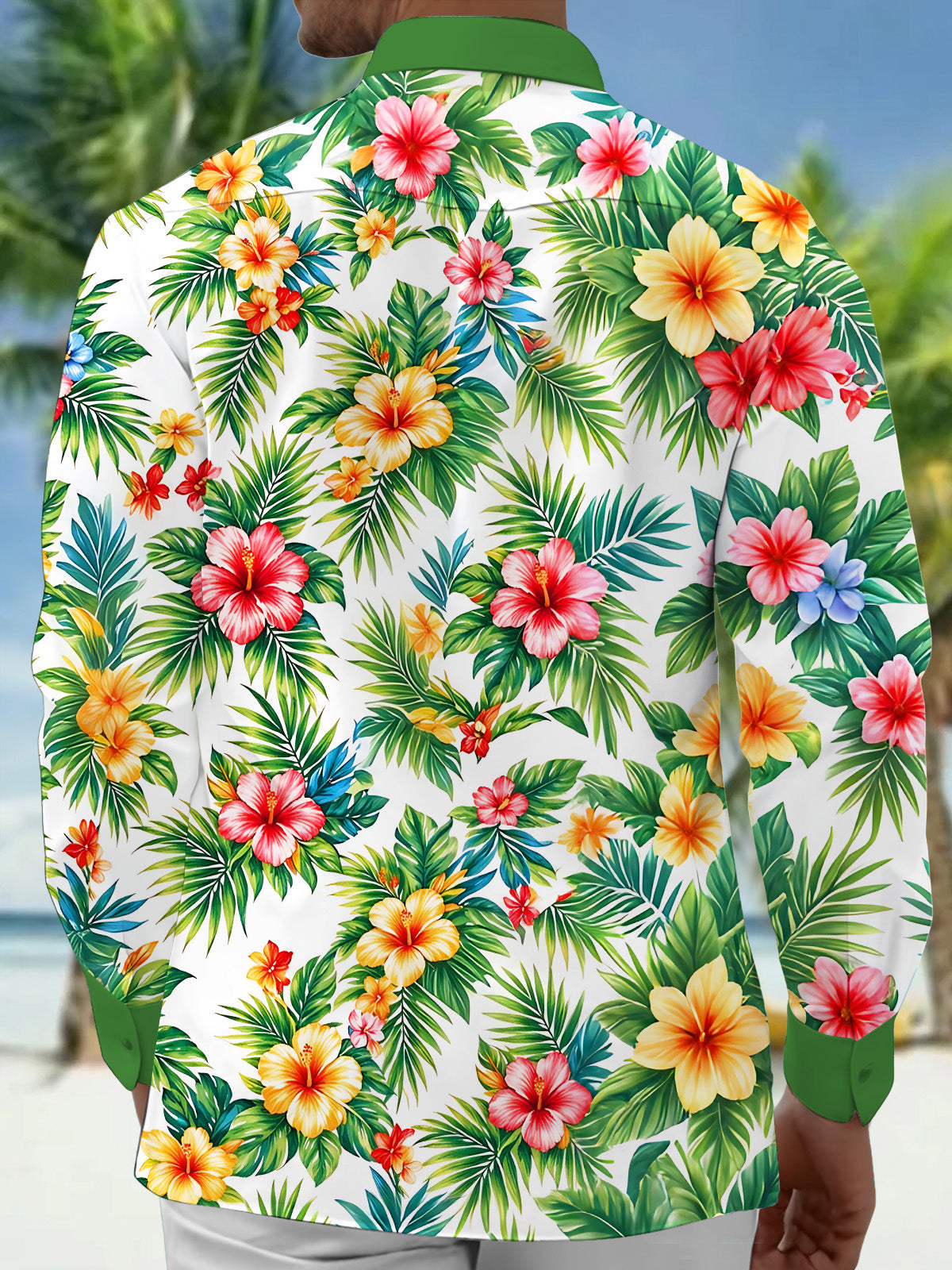 Oceanlyte Men's Long Sleeve Shirt - Tropical Hibiscus Flowers And Palm Leaves Print with Chest Pocket
