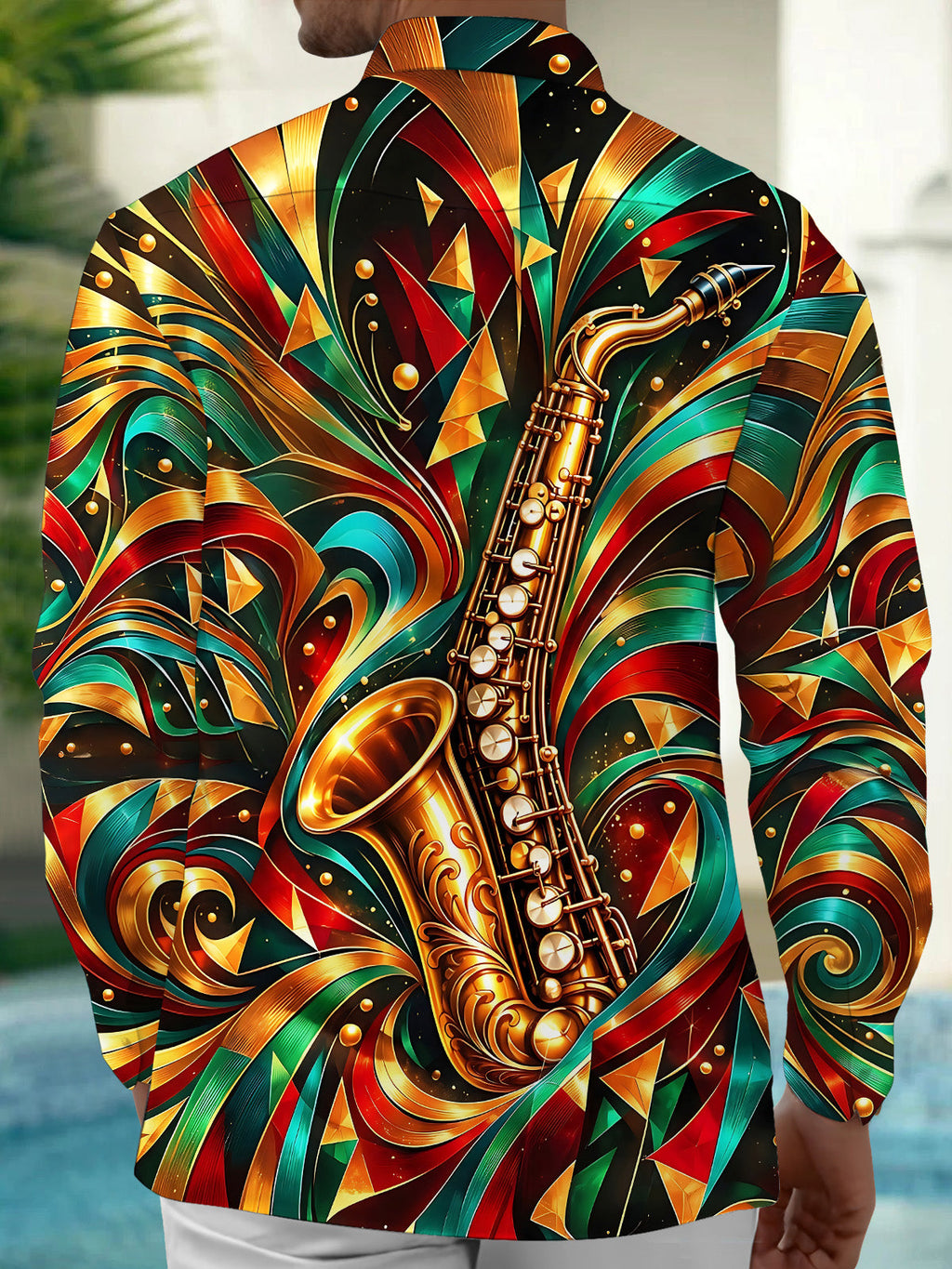 Oceanlyte Men's Long Sleeve Shirt - Saxophone And Abstract Geometric Patterns Print with Chest Pocket