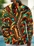 Oceanlyte Men's Long Sleeve Shirt - Saxophone And Abstract Geometric Patterns Print with Chest Pocket