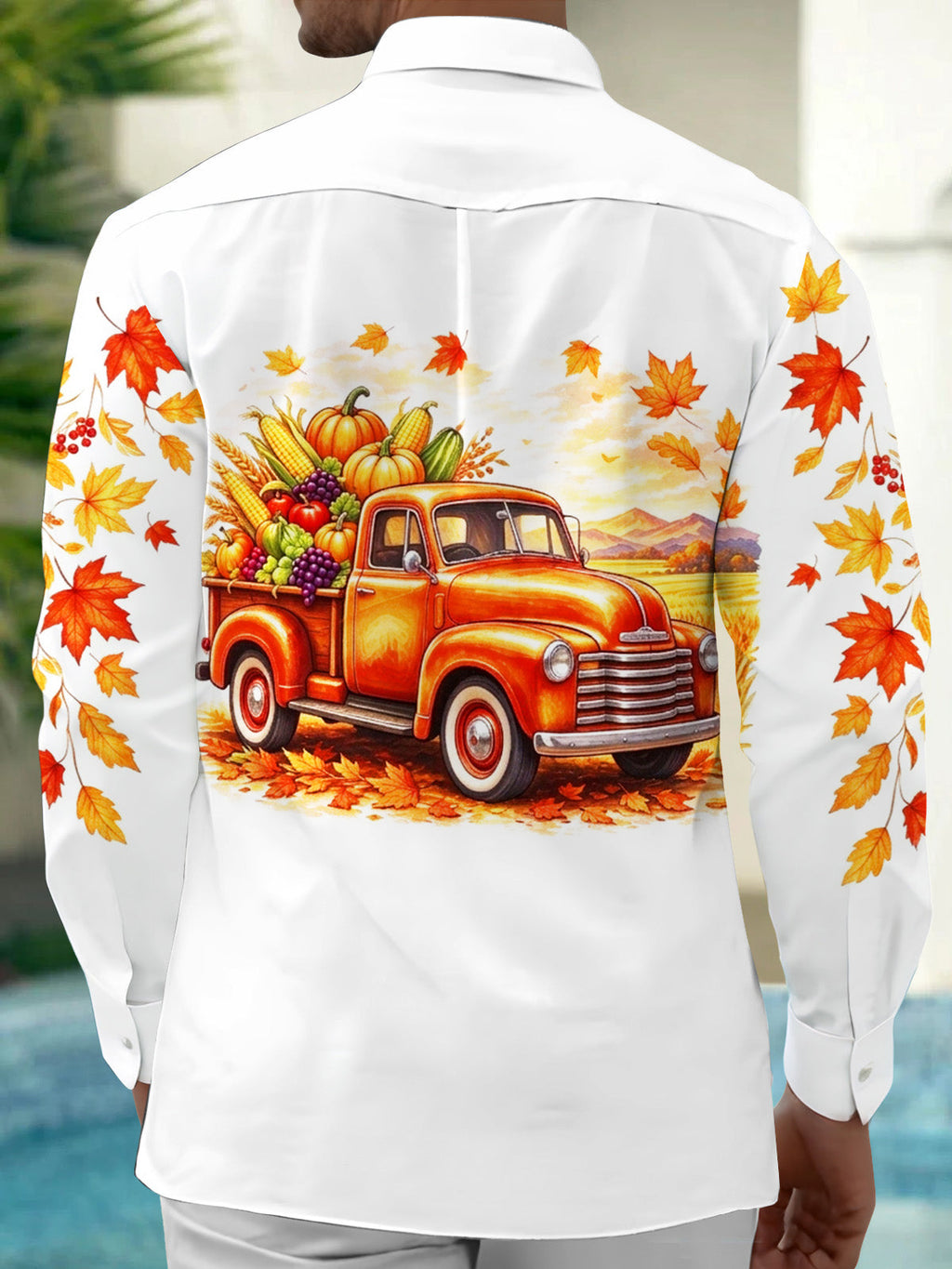 Oceanlyte Men's Long Sleeve Shirt - Thanksgiving Vintage Truck With Harvest Produce Print with Chest Pocket