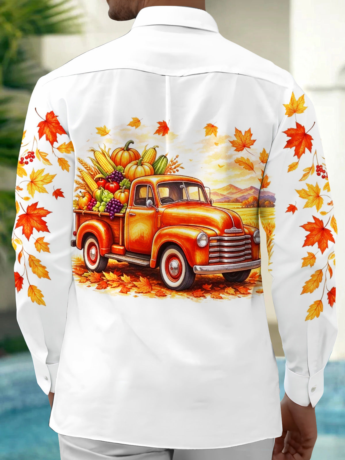 Oceanlyte Men's Long Sleeve Shirt - Thanksgiving Vintage Truck With Harvest Produce Print with Chest Pocket