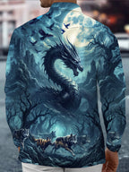 Oceanlyte Men's Dragon And Wolves In A Moonlit Forest Print Long Sleeve Shirt with Chest Pocket