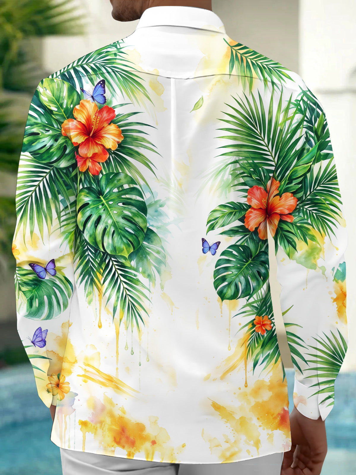 Oceanlyte Men's Long Sleeve Shirt - Tropical Hibiscus Flowers And Palm Leaves Print with Chest Pocket