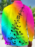Oceanlyte Men's Long Sleeve Shirt - Rainbow Gradient With Musical Notes And Staff Print with Chest Pocket