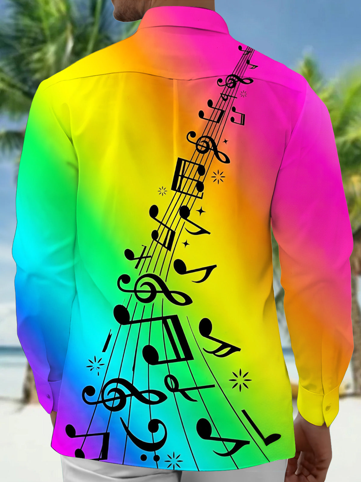 Oceanlyte Men's Long Sleeve Shirt - Rainbow Gradient With Musical Notes And Staff Print with Chest Pocket