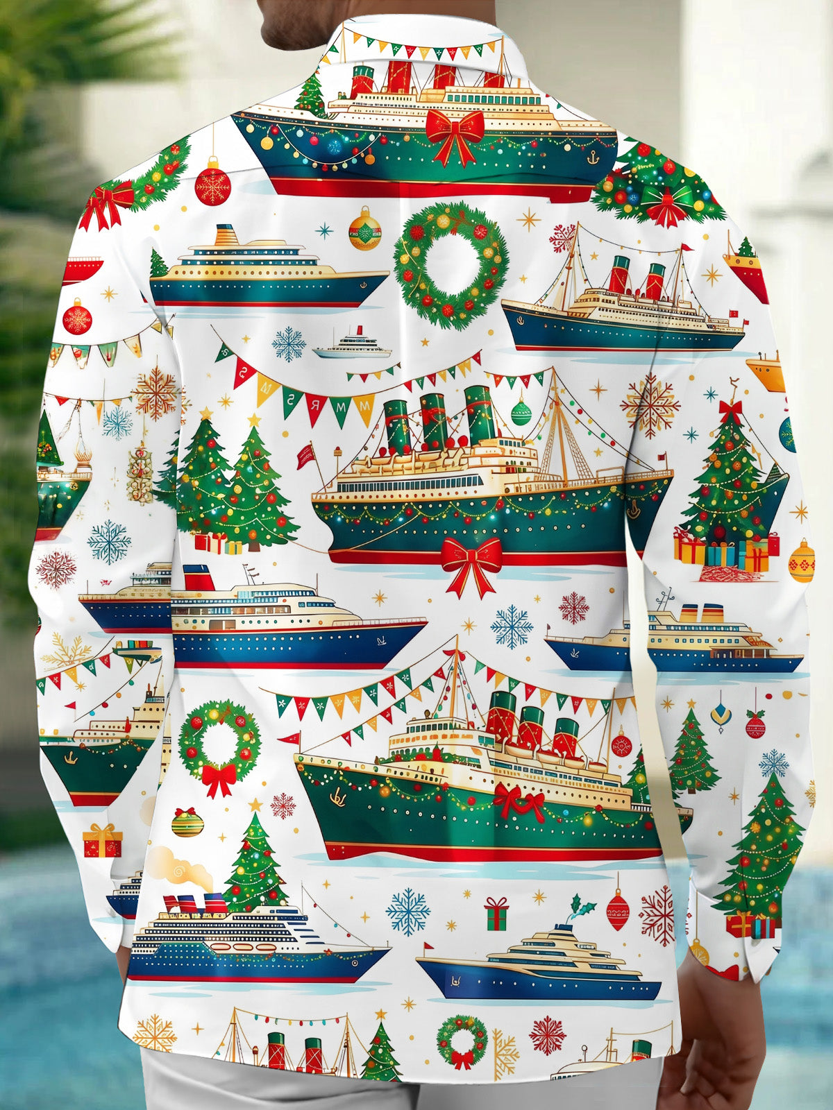 Oceanlyte Men's Long Sleeve Shirt - Christmas Cruise Ships And Holiday Ornaments Print with Chest Pocket