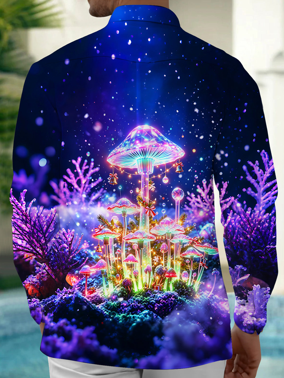 Oceanlyte Men's Long Sleeve Shirt - Christmas Neon Glowing Mushrooms And Winter Forest Print with Chest Pocket
