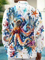 Oceanlyte Men's Graphic Octopus With Bow Tie And Monocle Print Long Sleeve Shirt with Chest Pocket