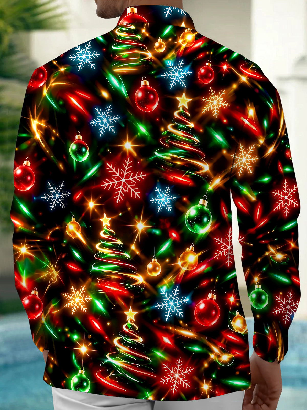 Oceanlyte Men's Printed Christmas Trees And Ornaments Print Long Sleeve Shirt with Chest Pocket