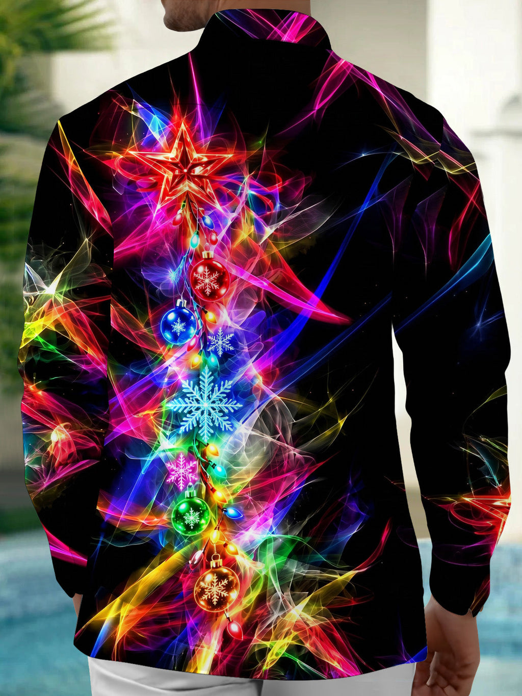 Oceanlyte Men's Christmas Ornaments And Snowflakes Print Long Sleeve Shirt with Chest Pocket