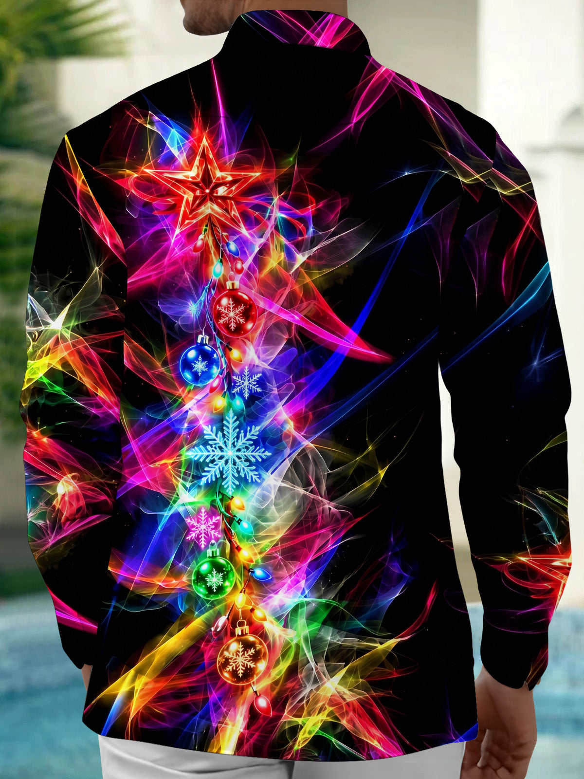 Oceanlyte Men's Christmas Ornaments And Snowflakes Print Long Sleeve Shirt with Chest Pocket