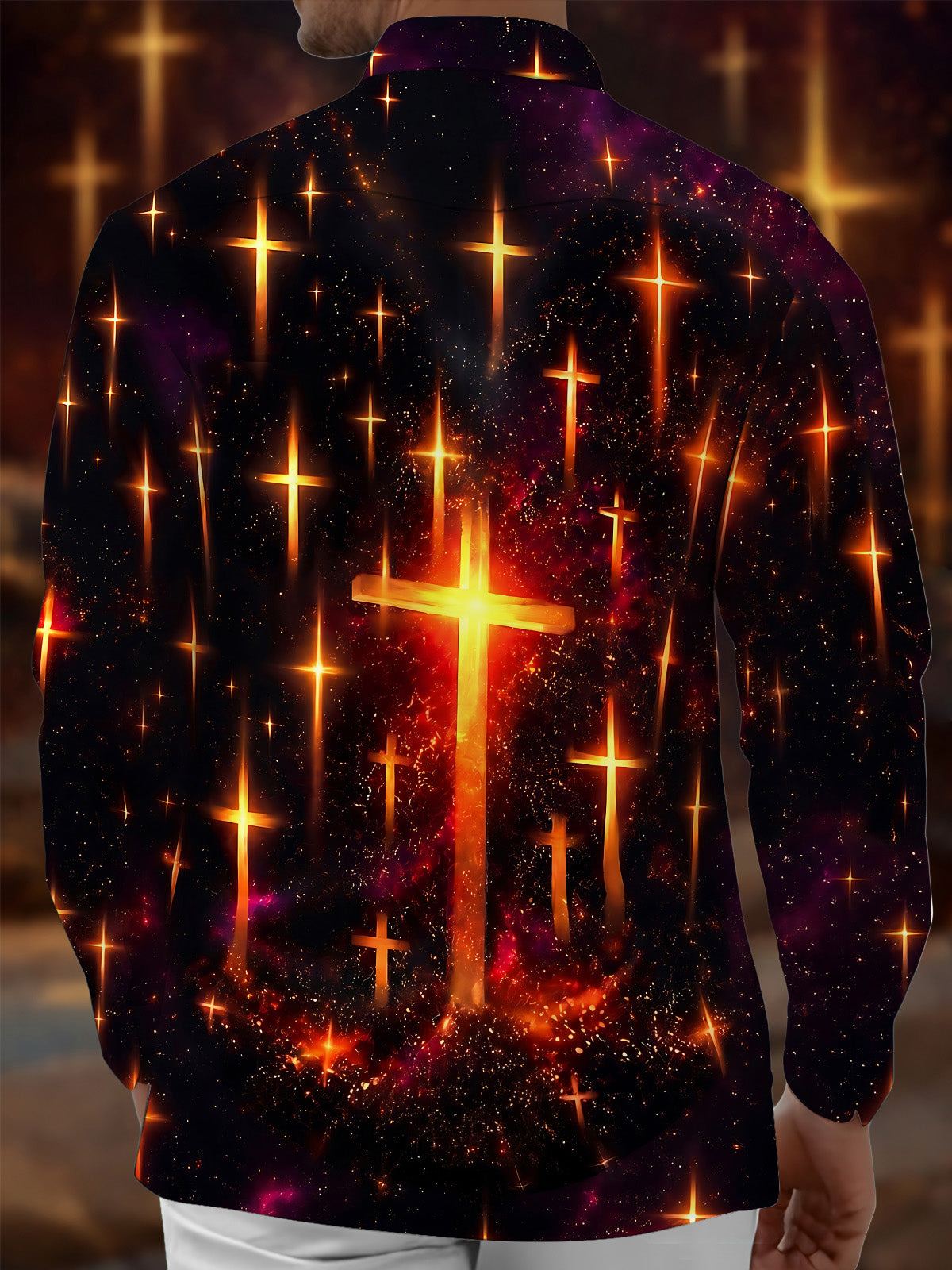 Oceanlyte Men's Long Sleeve Shirt - Glowing Golden Crosses On Cosmic Background Print with Chest Pocket