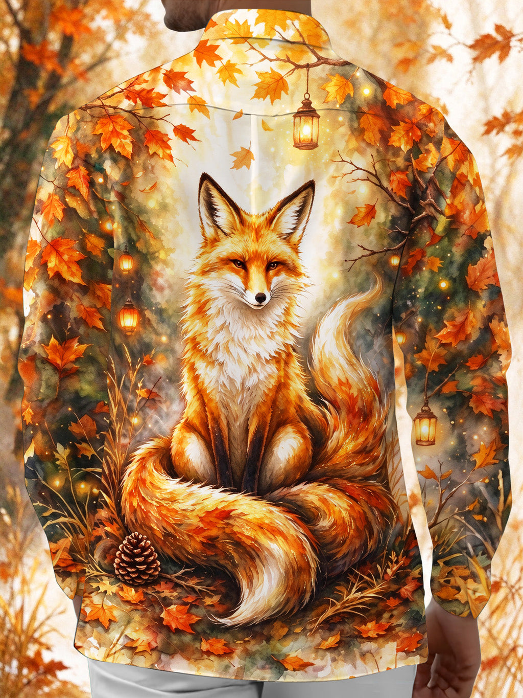 Oceanlyte Men's Autumn Fox With Lanterns And Leaves Print Long Sleeve Shirt with Chest Pocket
