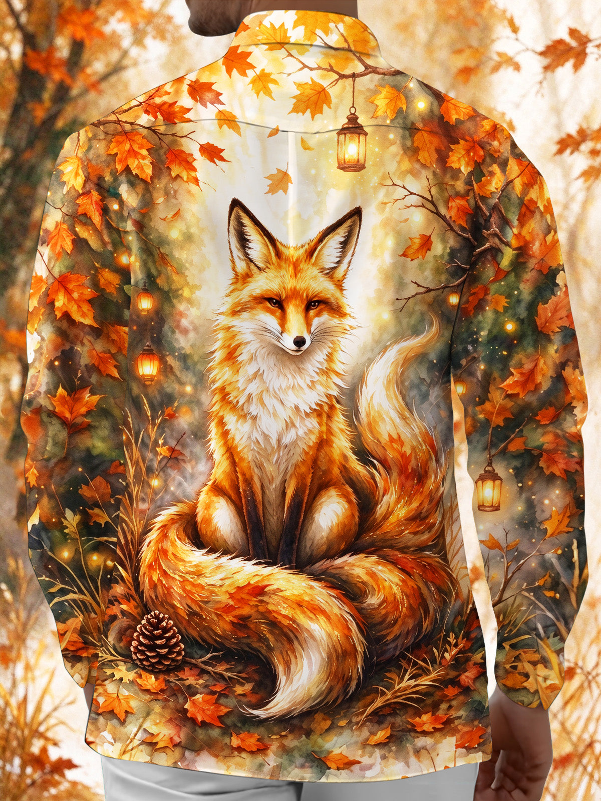 Oceanlyte Men's Autumn Fox With Lanterns And Leaves Print Long Sleeve Shirt with Chest Pocket