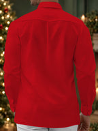 Oceanlyte Men's Long Sleeve Shirt - Christmas Pine Branches And Berries With Gold Scrollwork Print with Chest Pocket
