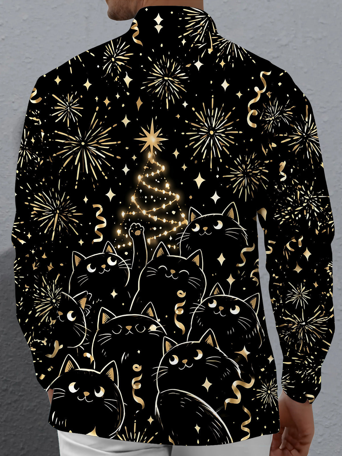Oceanlyte Men's Long Sleeve Shirt - Black Cats And Christmas Tree With Fireworks Print with Chest Pocket