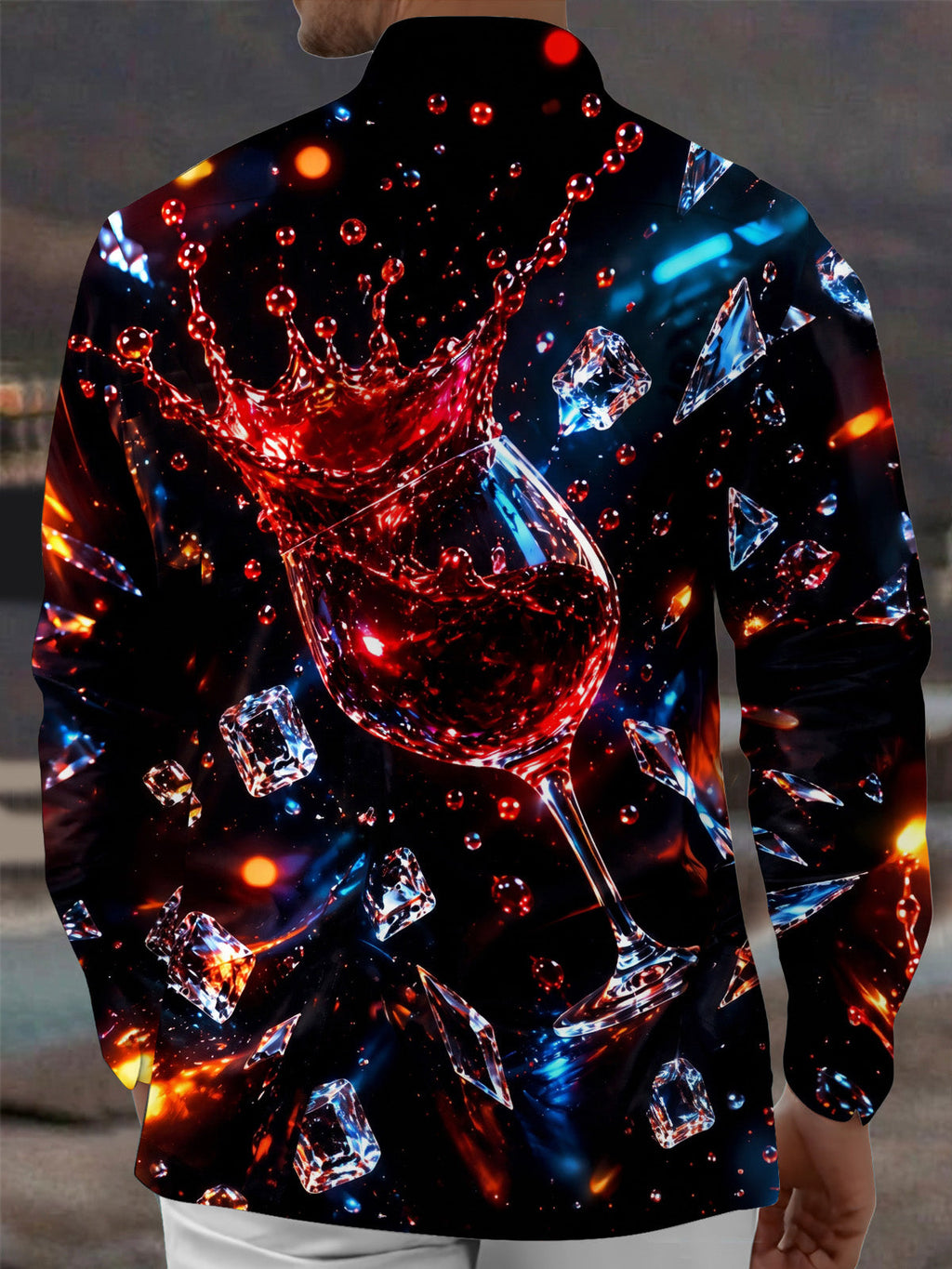 Oceanlyte Men's Red Wine Glass Splash With Ice Cubes Print Long Sleeve Shirt with Chest Pocket