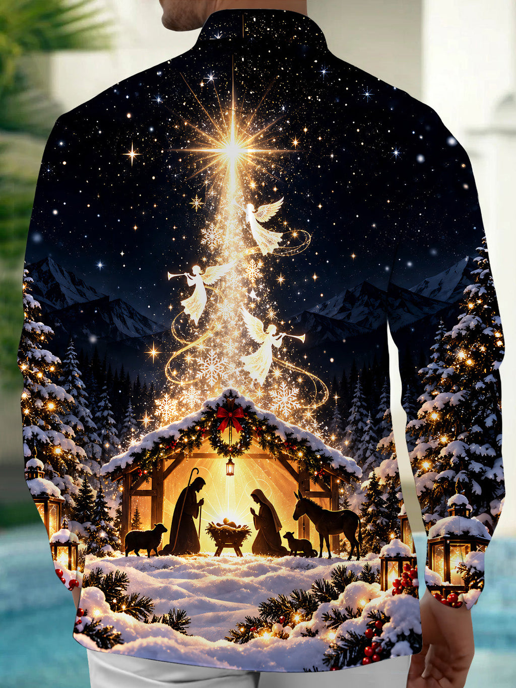 Oceanlyte Men's Printed Nativity Scene Print Long Sleeve Shirt with Chest Pocket