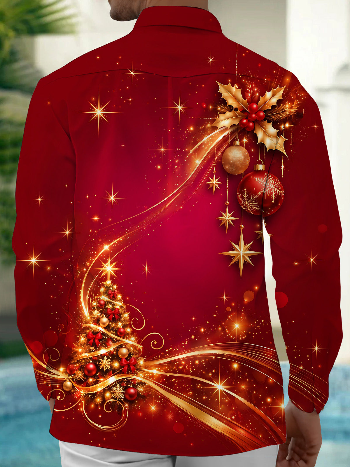 Oceanlyte Men's Printed Christmas Tree And Ornaments Print Long Sleeve Shirt with Chest Pocket