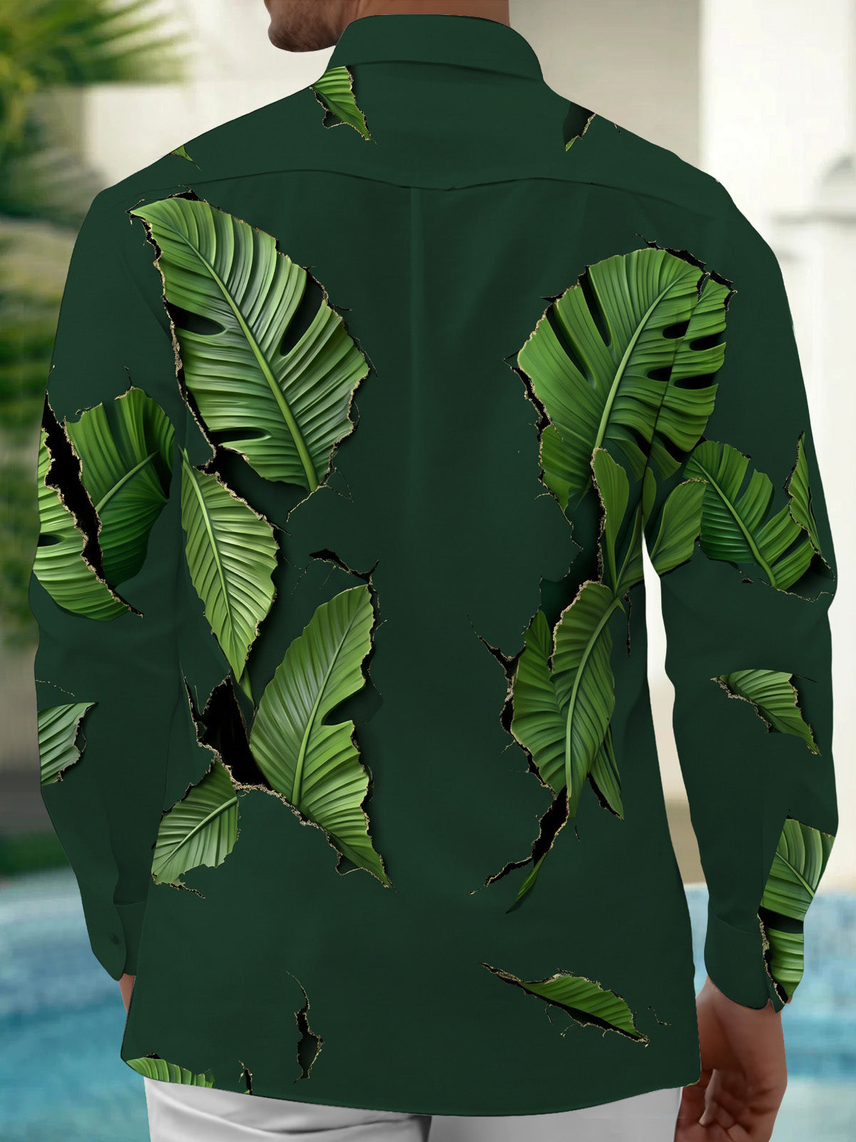 Oceanlyte Men's Tropical Tropical Palm Leaves Print Long Sleeve Shirt with Chest Pocket