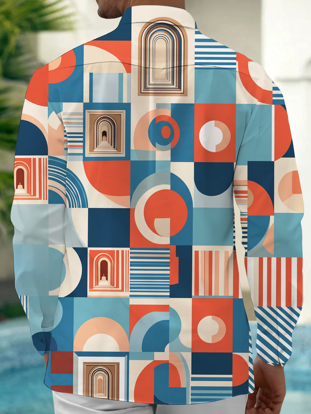 Oceanlyte Men's Patterned Geometric Shapes And Archways Print Long Sleeve Shirt with Chest Pocket