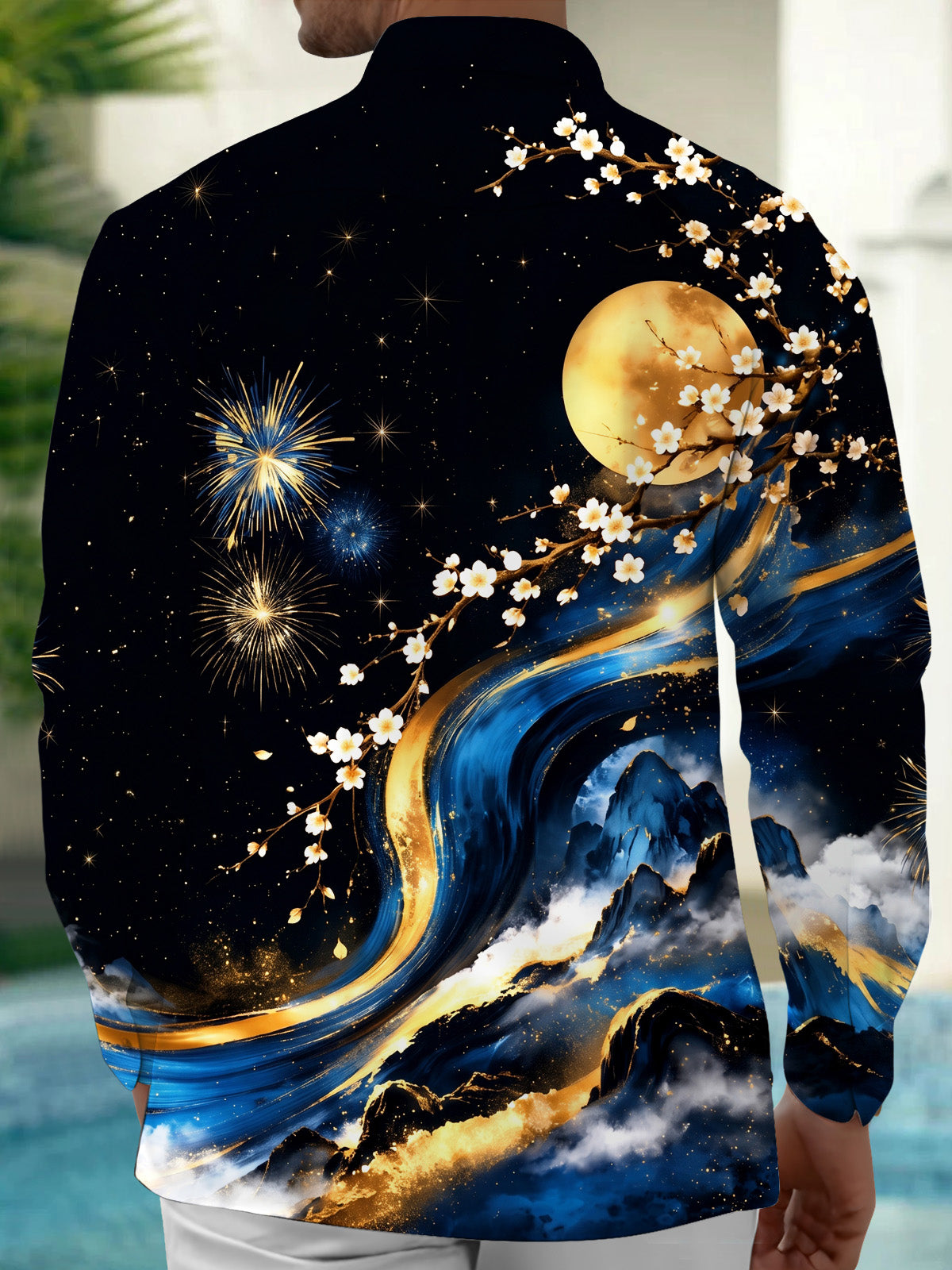 Oceanlyte Men's Printed Cherry Blossoms And Full Moon Print Long Sleeve Shirt with Chest Pocket