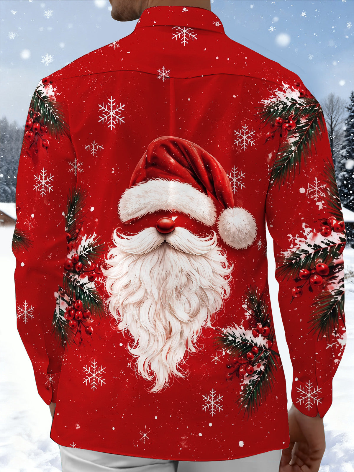 Oceanlyte Men's Printed Christmas Beard And Hat Print Long Sleeve Shirt with Chest Pocket