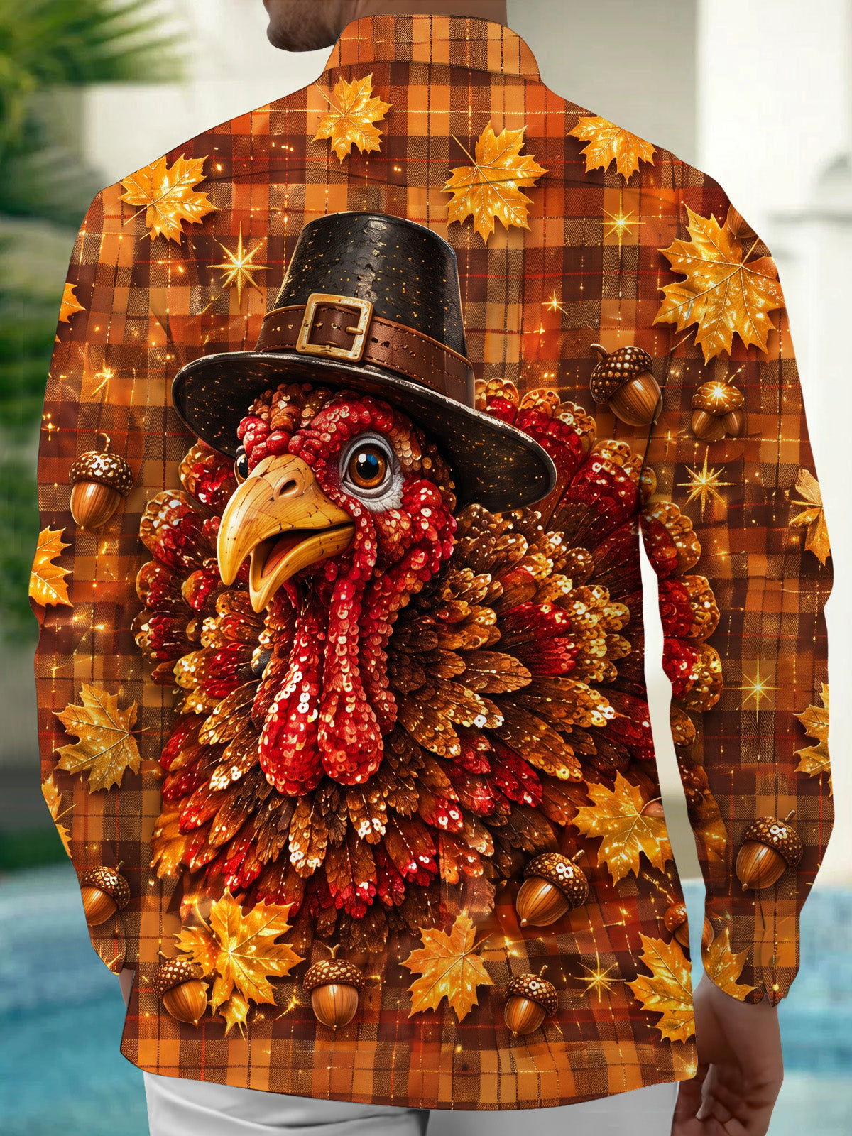 Oceanlyte Men's Thanksgiving Turkey With Pilgrim Hat Print Long Sleeve Shirt with Chest Pocket