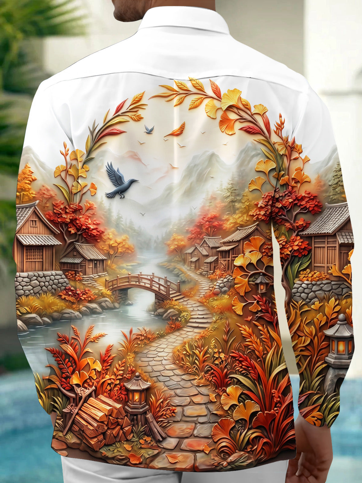 Oceanlyte Men's Long Sleeve Shirt - Ancient Village Autumn Landscape With Birds And Bridge Print with Chest Pocket