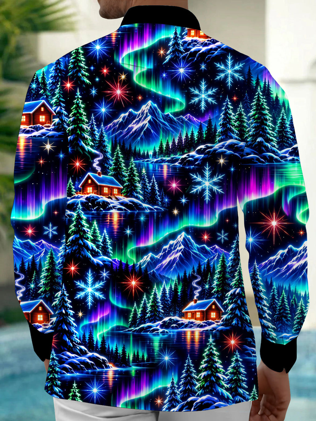 Oceanlyte Men's Long Sleeve Shirt - Aurora Borealis And Snowy Mountain Landscape Print with Chest Pocket