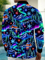 Oceanlyte Men's Long Sleeve Shirt - Aurora Borealis And Snowy Mountain Landscape Print with Chest Pocket