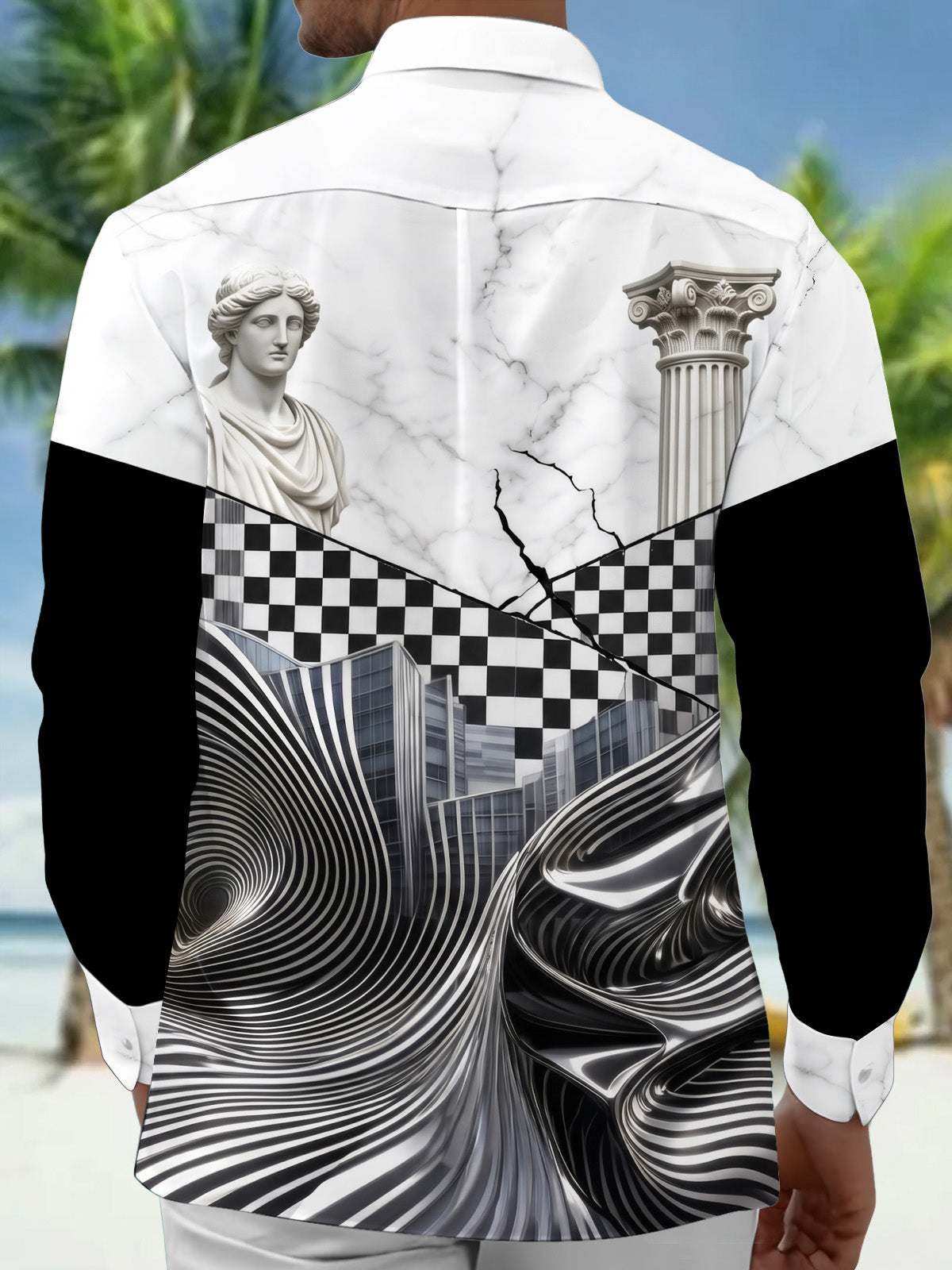 Oceanlyte Men's Long Sleeve Shirt - Abstract Geometric And Psychedelic Patterns With Classical Statue Print with Chest Pocket
