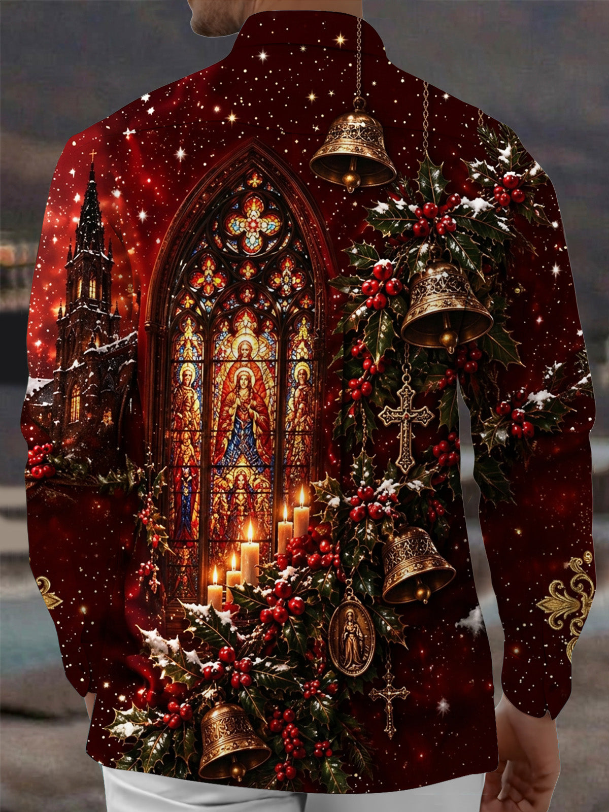 Oceanlyte Men's Long Sleeve Shirt - Christmas Gothic Stained Glass Window And Religious Figures Print with Chest Pocket