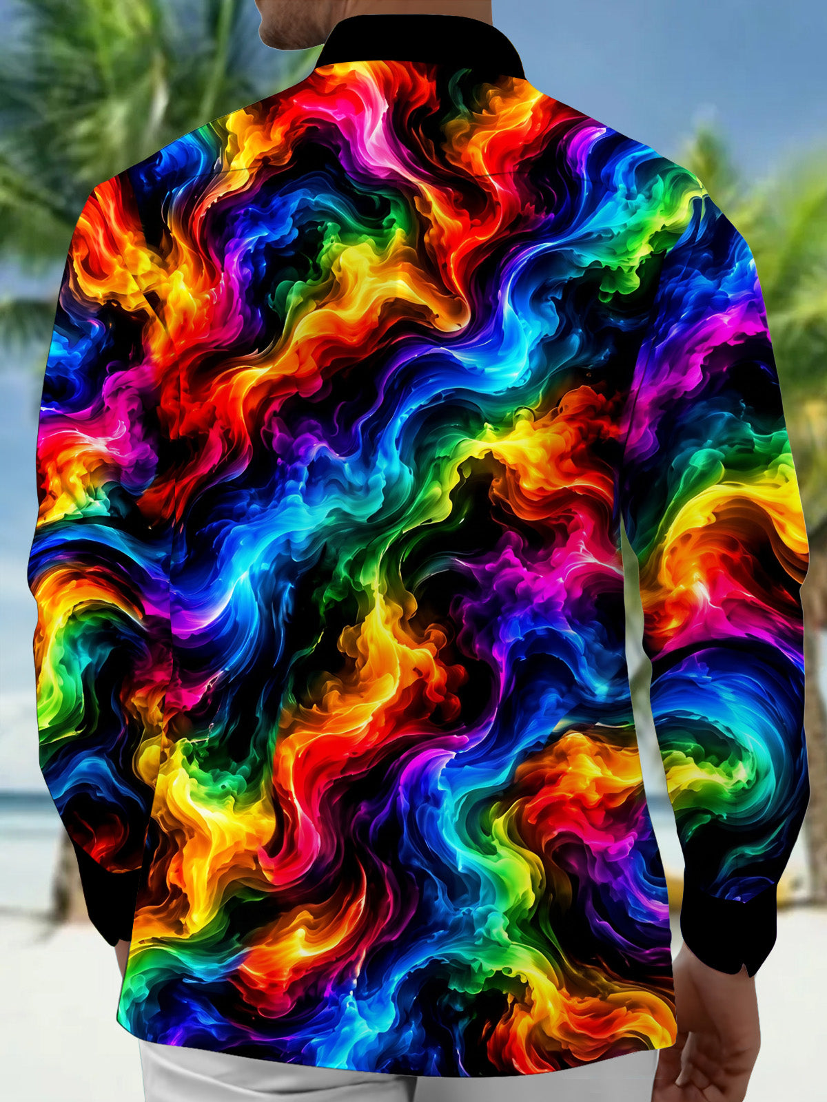 Oceanlyte Men's Tie Dye Neon Abstract Swirls Print Long Sleeve Shirt with Chest Pocket