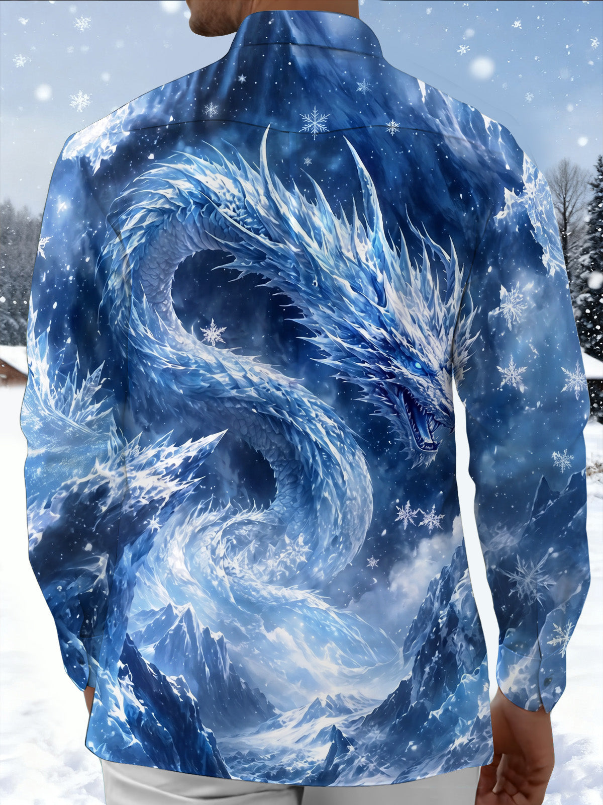 Oceanlyte Men's Graphic Ice Dragon Print Snowflake Pattern Long Sleeve Shirt with Chest Pocket