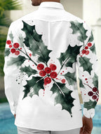 Oceanlyte Men's Christmas Holly Leaves And Red Berries Print Long Sleeve Shirt with Chest Pocket