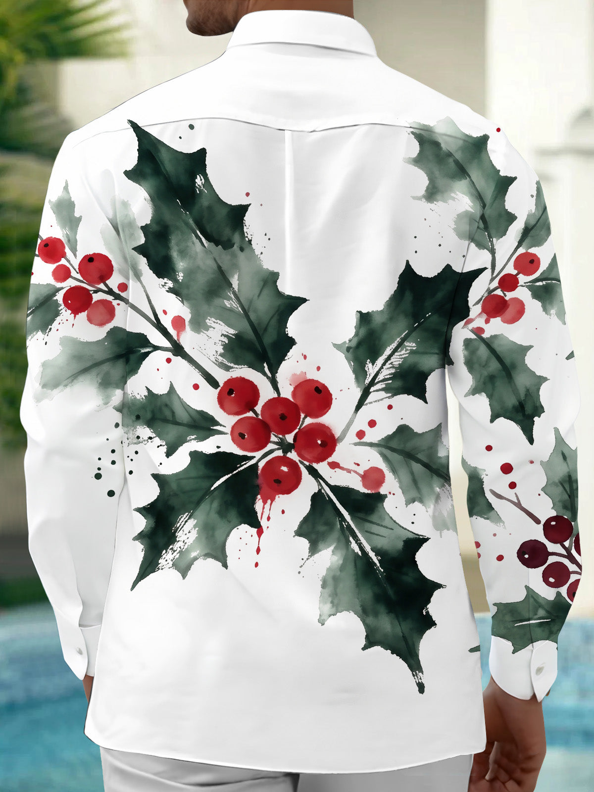 Oceanlyte Men's Christmas Holly Leaves And Red Berries Print Long Sleeve Shirt with Chest Pocket