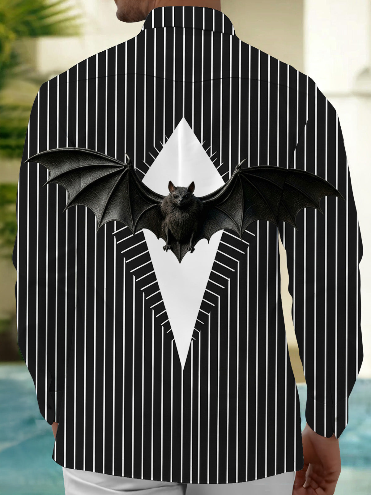 Oceanlyte Men's Halloween 3D Bat With Spread Wings Print Long Sleeve Shirt with Chest Pocket