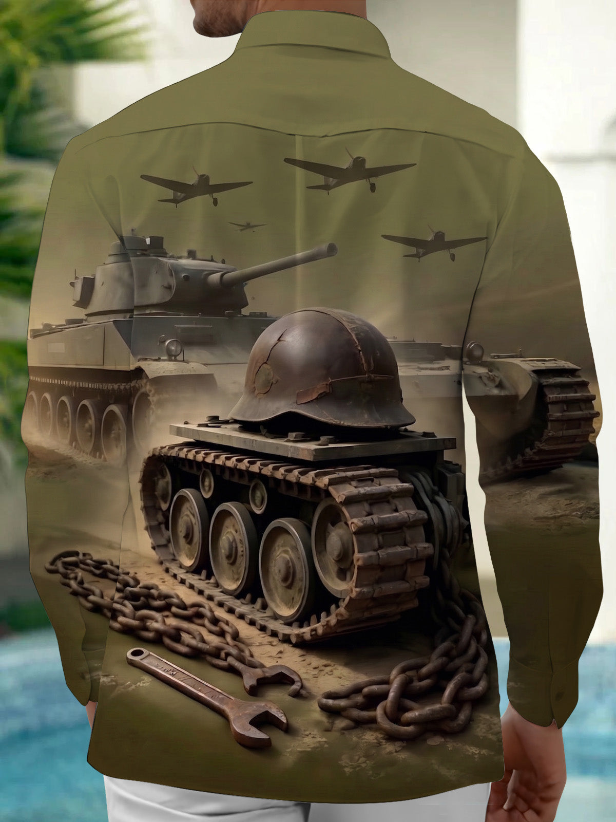The "Motor Pool Grit" Oceanlyte Men's Long Sleeve Shirt - Military Tanks And Vintage Aircraft Print with Chest Pocket