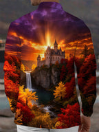 Oceanlyte Men's Printed Castle And Waterfall Landscape Print Long Sleeve Shirt with Chest Pocket