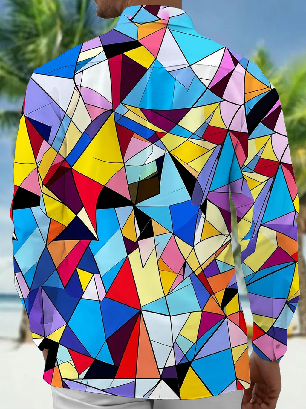 Oceanlyte Men's Printed Colorful Geometric Shapes Print Long Sleeve Shirt with Chest Pocket