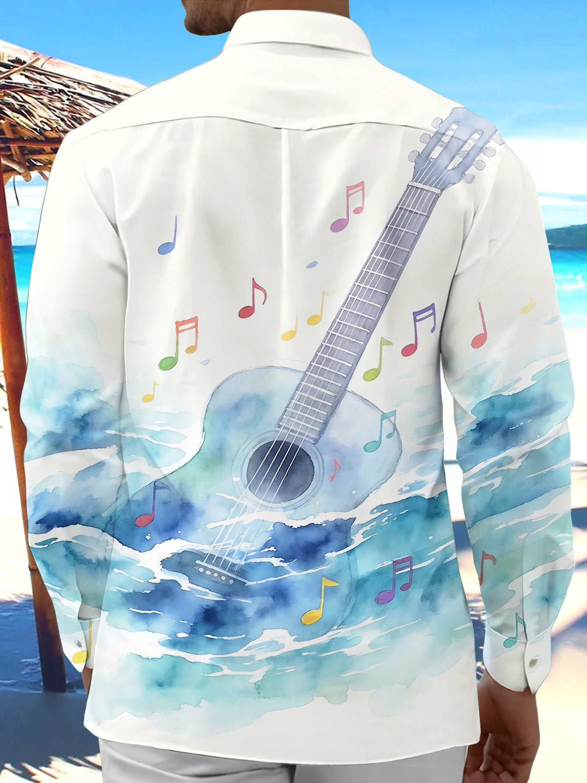 Oceanlyte Men's Hawaiian Guitar Print Musical Notes Print Long Sleeve Shirt with Chest Pocket