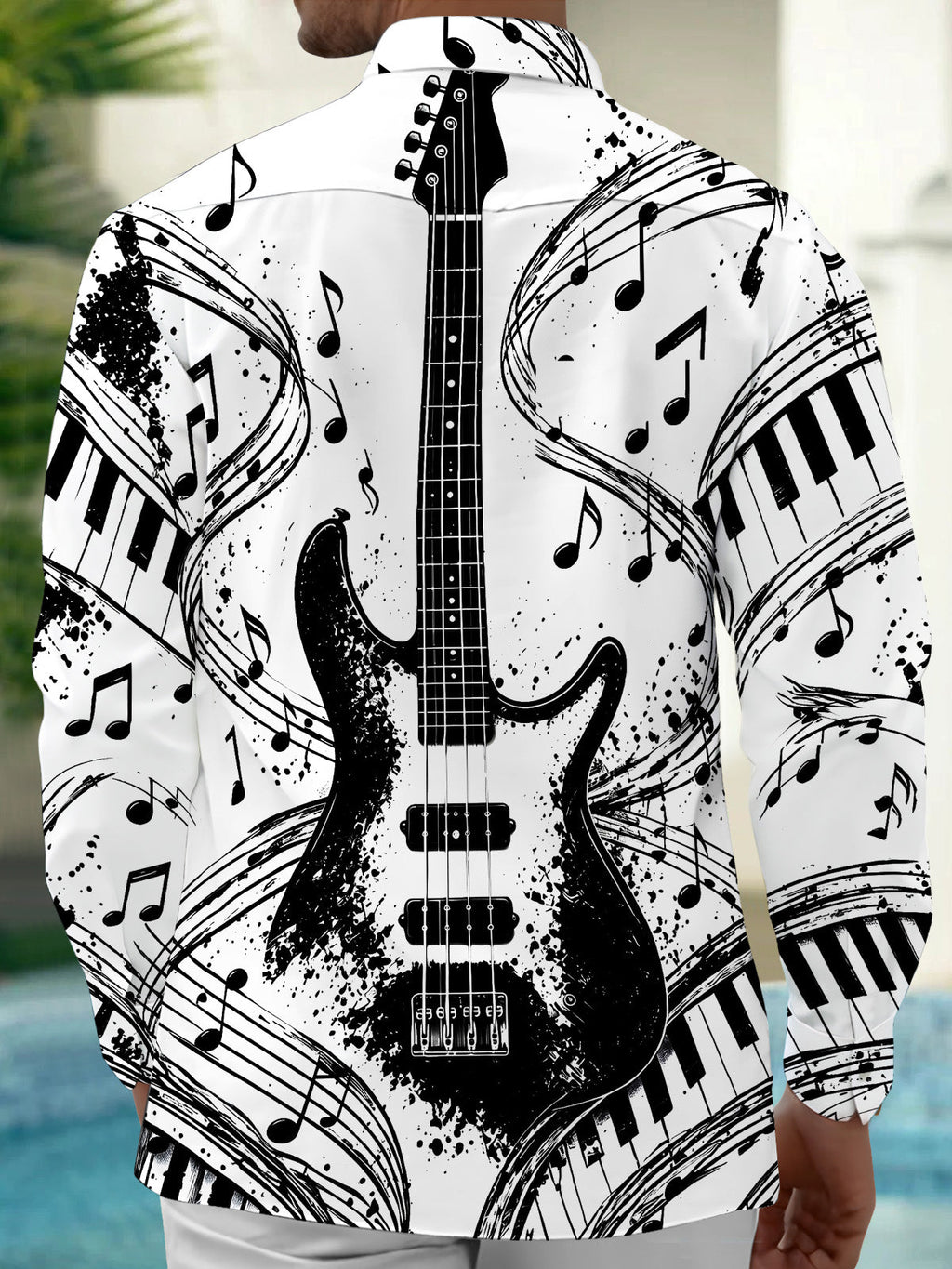 Oceanlyte Men's Long Sleeve Shirt - Electric Bass Guitar And Piano Keys With Musical Notes Print with Chest Pocket