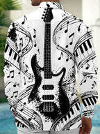 Oceanlyte Men's Long Sleeve Shirt - Electric Bass Guitar And Piano Keys With Musical Notes Print with Chest Pocket