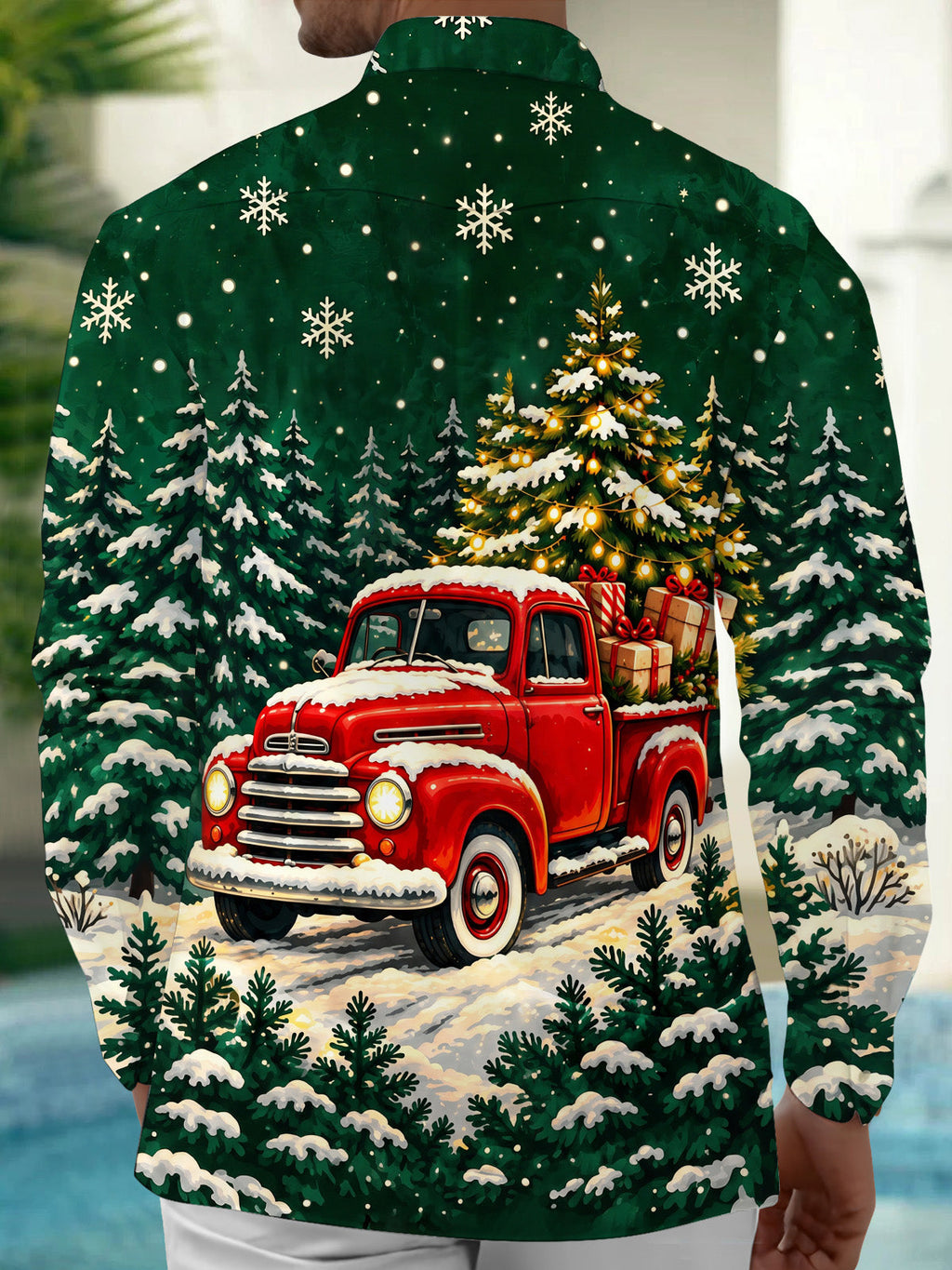Oceanlyte Men's Long Sleeve Shirt - Vintage Red Truck With Christmas Tree And Gifts Print with Chest Pocket