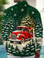 Oceanlyte Men's Long Sleeve Shirt - Vintage Red Truck With Christmas Tree And Gifts Print with Chest Pocket